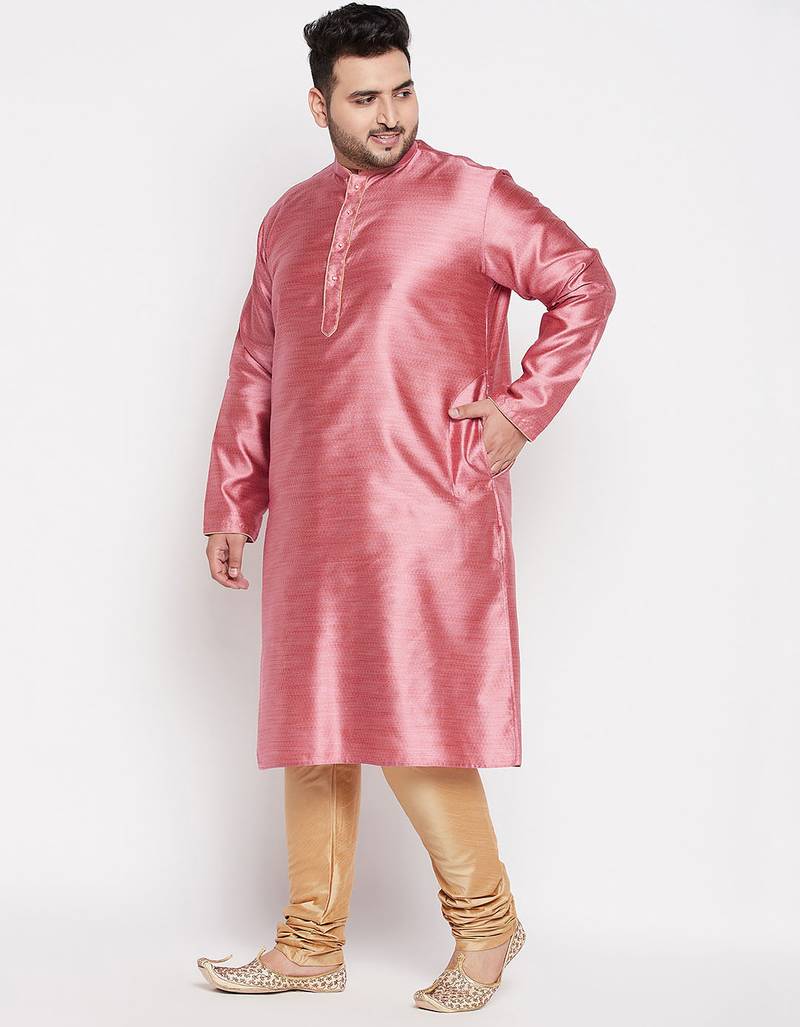 Men's pink and rose gold silk blend kurta pyjama set