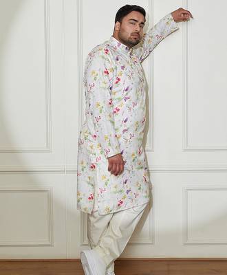 Men's cream cotton blend kurta and pyjama set 1