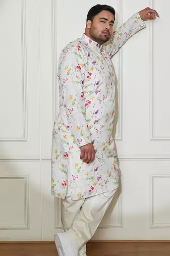 Men's cream cotton blend kurta and pyjama set