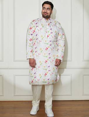 Men's cream cotton blend kurta and pyjama set 2