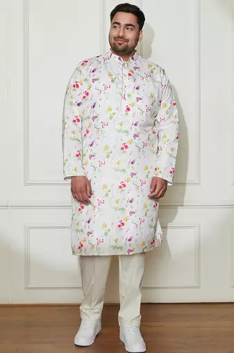 Men's cream cotton blend kurta and pyjama set