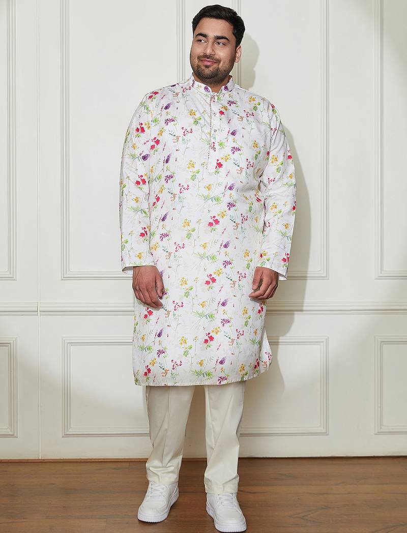 Men's cream cotton blend kurta and pyjama set