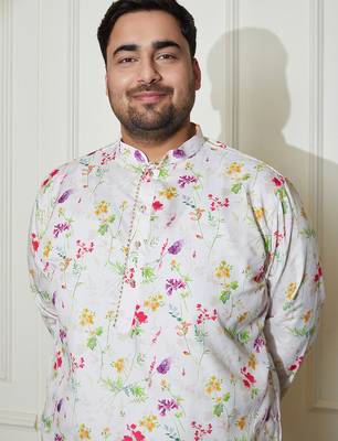 Men's cream cotton blend kurta and pyjama set 3