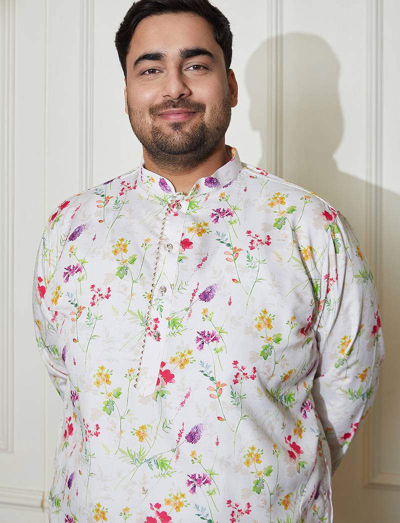 Men's cream cotton blend kurta and pyjama set