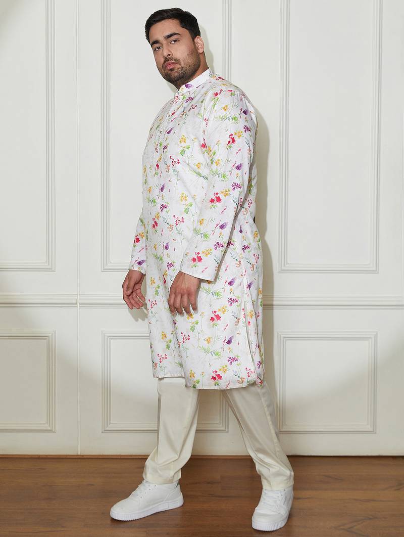 Men's cream cotton blend kurta and pyjama set