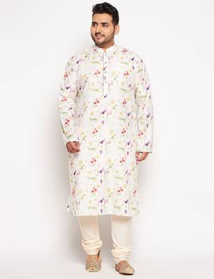 Men's cream cotton blend kurta pyjama set 1