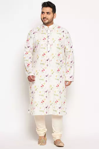 Men's cream cotton blend kurta pyjama set