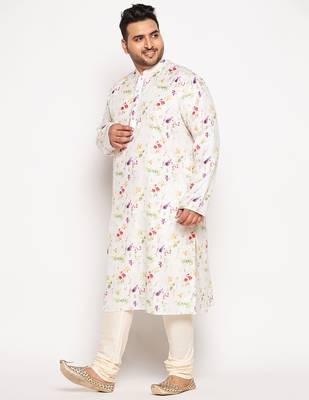 Men's cream cotton blend kurta pyjama set 2