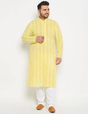 Men's mustard and white pure cotton kurta pyjama set 1