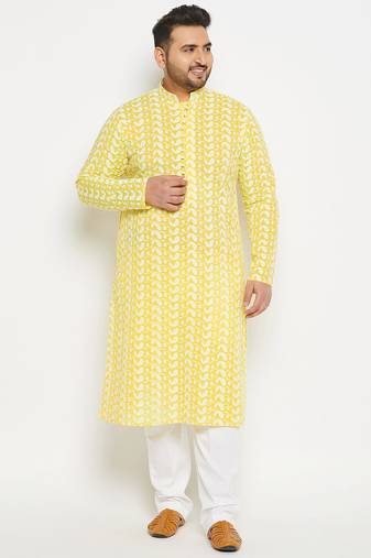 Men's mustard and white pure cotton kurta pyjama set