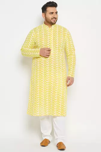 Men's mustard and white pure cotton kurta pyjama set