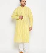 Men's mustard and white pure cotton kurta pyjama set