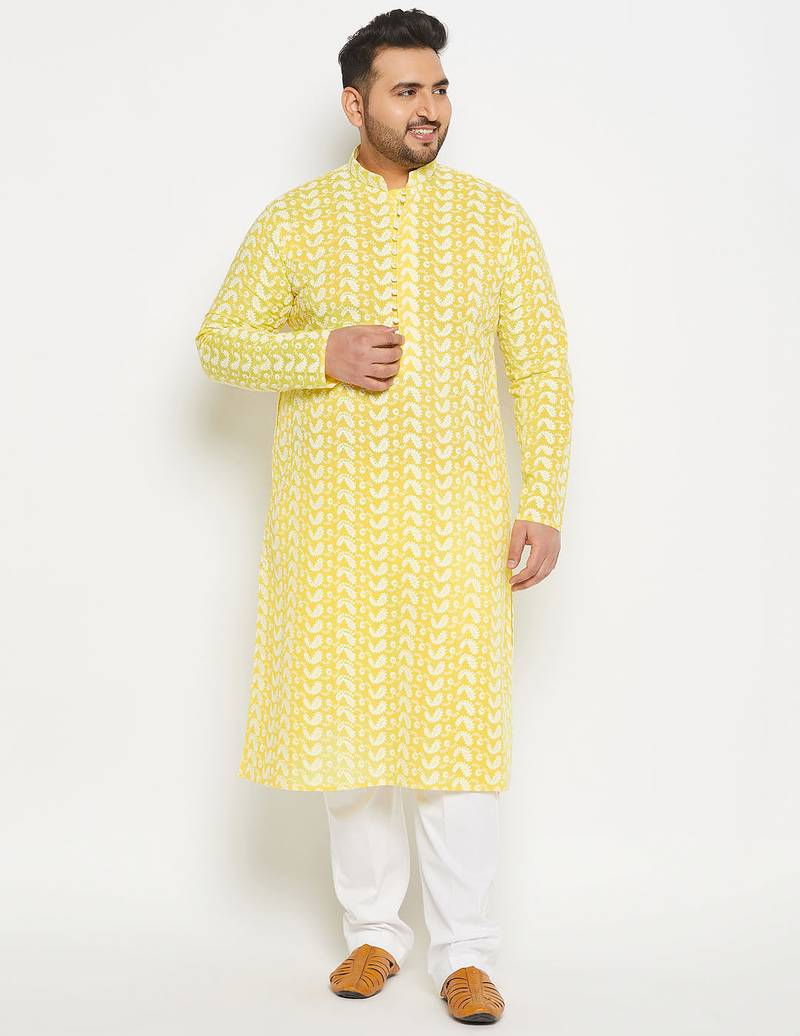 Men's mustard and white pure cotton kurta pyjama set