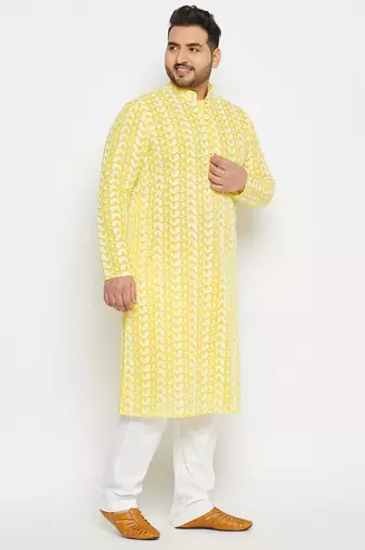 Men's mustard and white pure cotton kurta pyjama set