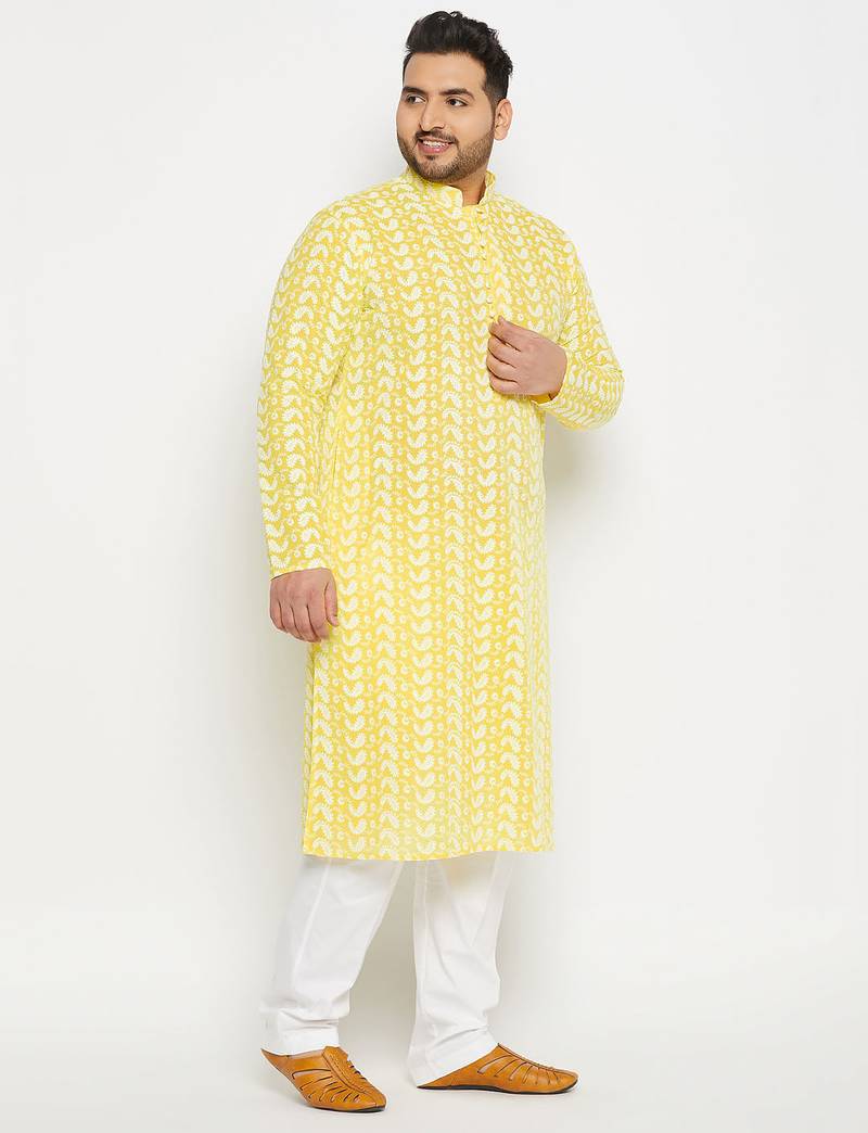 Men's mustard and white pure cotton kurta pyjama set