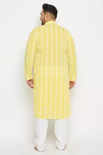 Men's mustard and white pure cotton kurta pyjama set