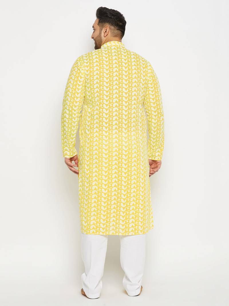 Men's mustard and white pure cotton kurta pyjama set