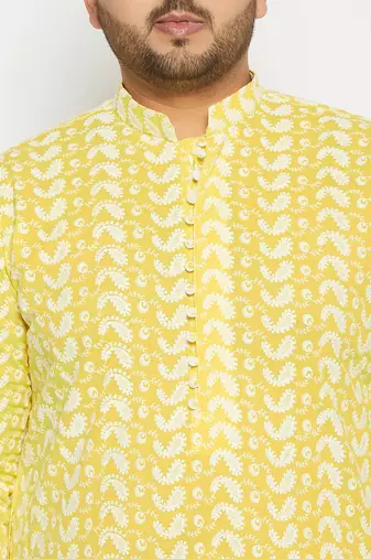 Men's mustard and white pure cotton kurta pyjama set