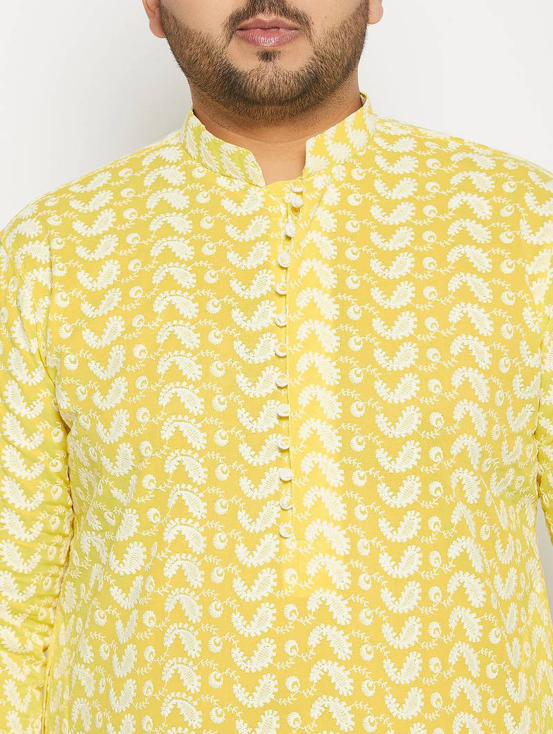 Men's mustard and white pure cotton kurta pyjama set