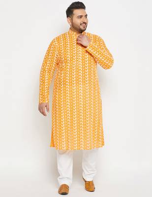 Yellow and white pure cotton kurta pyjama set 1