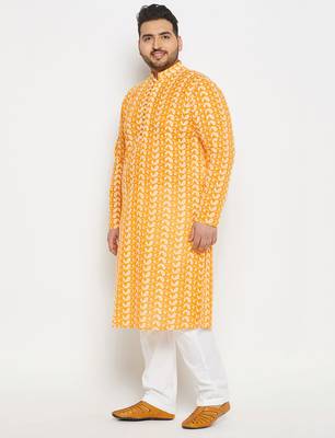 Yellow and white pure cotton kurta pyjama set 2