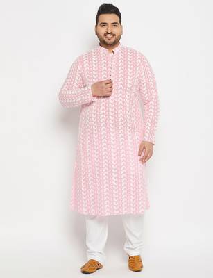 Men's pink and white pure cotton kurta pyjama set 1