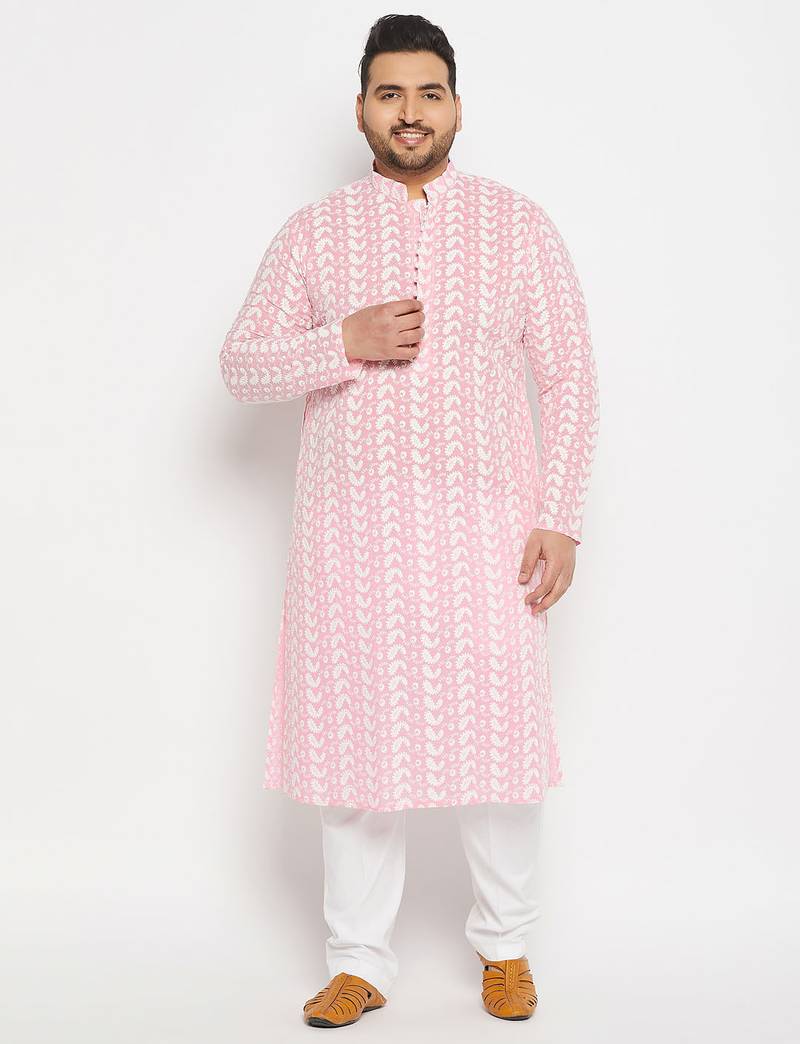 Men's pink and white pure cotton kurta pyjama set