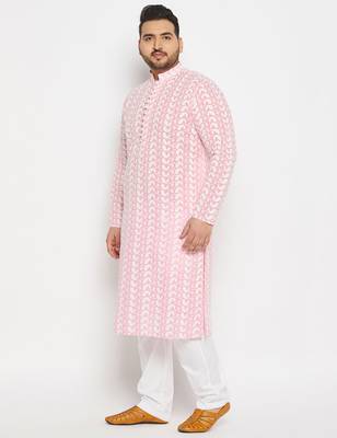 Men's pink and white pure cotton kurta pyjama set 2