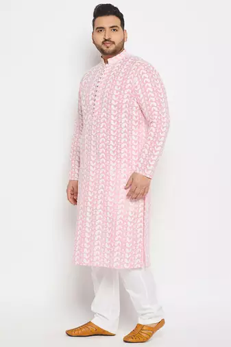Men's pink and white pure cotton kurta pyjama set