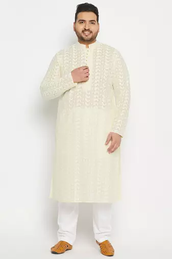 Men's yellow and white pure cotton kurta pyjama set