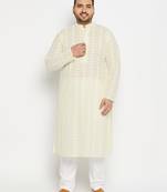 Men's yellow and white pure cotton kurta pyjama set