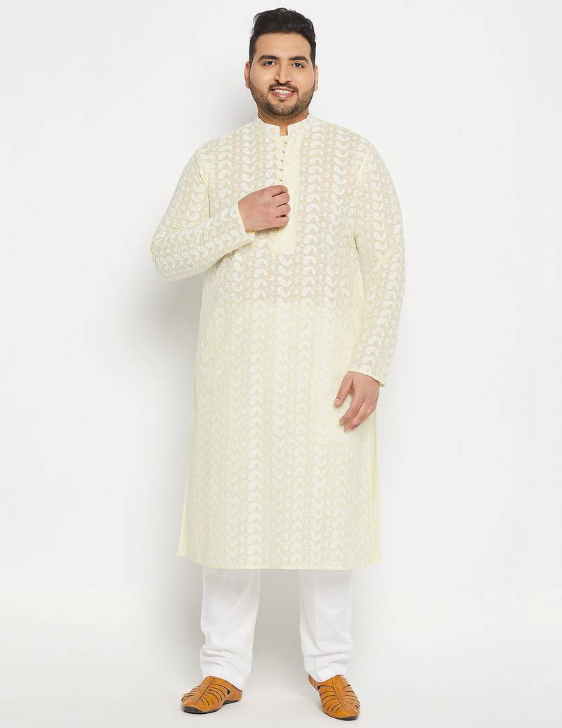 Men's yellow and white pure cotton kurta pyjama set