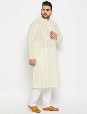 Men's yellow and white pure cotton kurta pyjama set 2