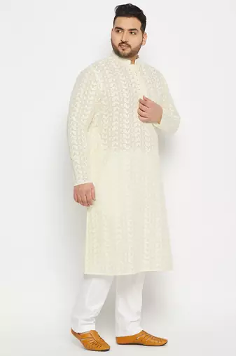 Men's yellow and white pure cotton kurta pyjama set