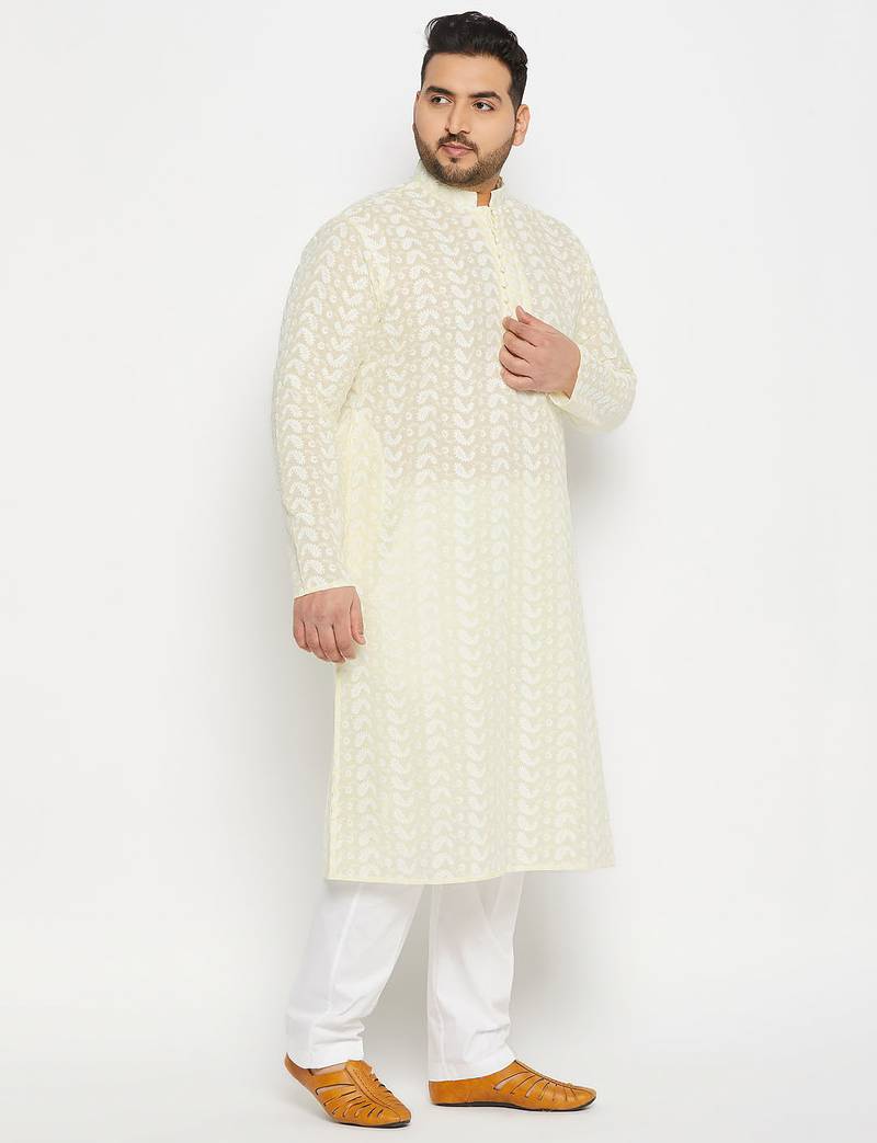 Men's yellow and white pure cotton kurta pyjama set