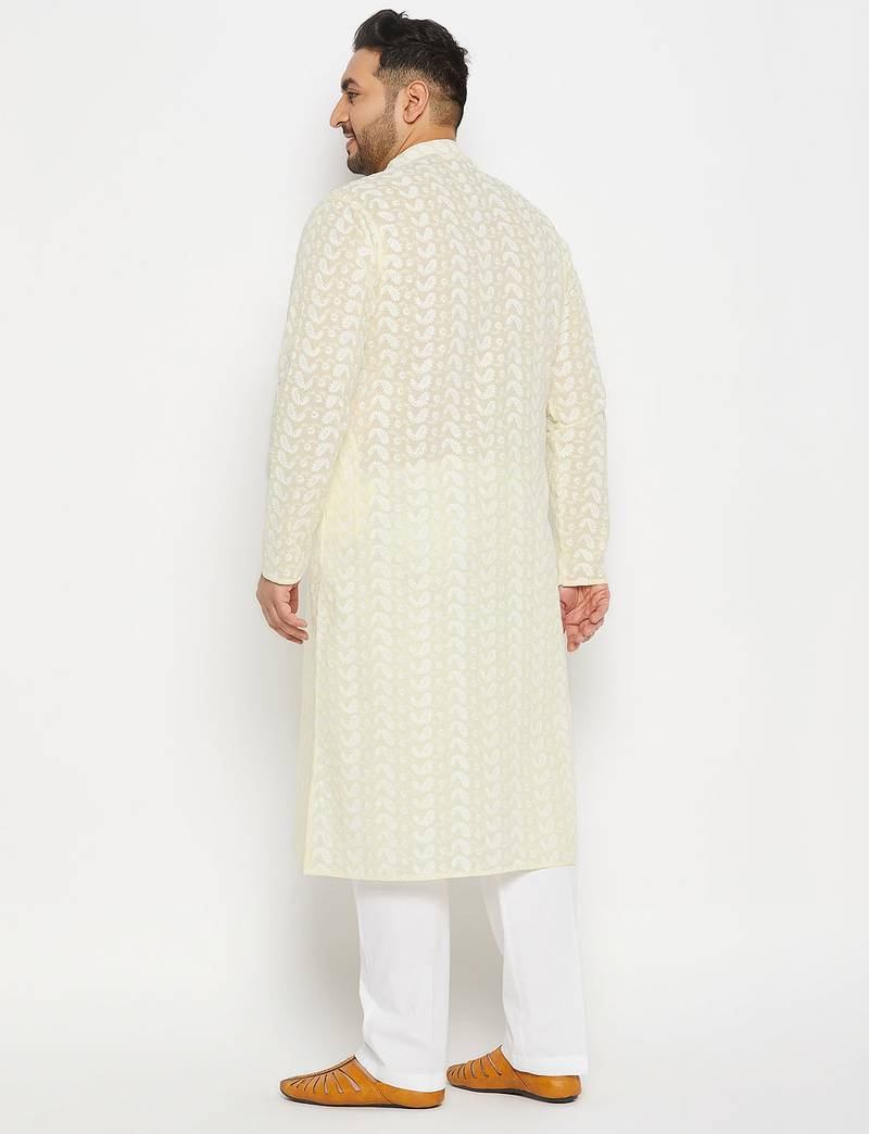 Men's yellow and white pure cotton kurta pyjama set