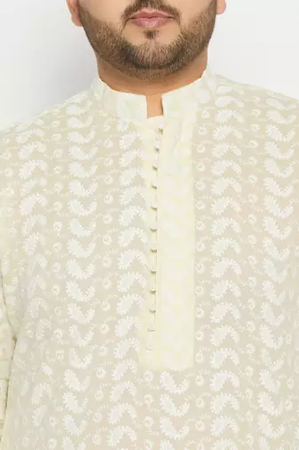 Men's yellow and white pure cotton kurta pyjama set