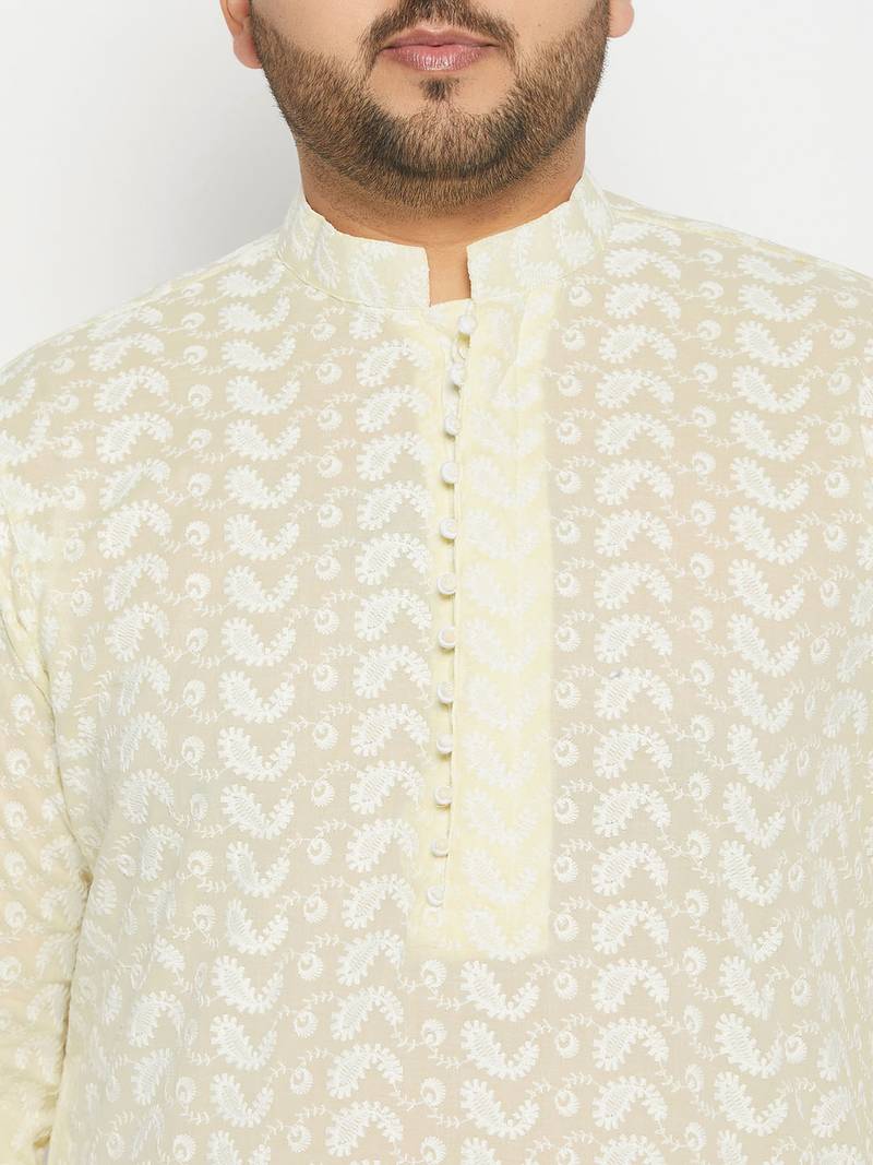 Men's yellow and white pure cotton kurta pyjama set