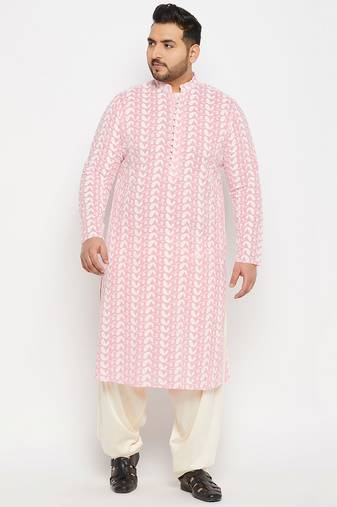 Men's pink and cream pure cotton kurta patiala set