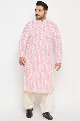 Men's pink and cream pure cotton kurta patiala set