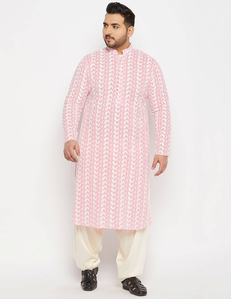 Men's pink and cream pure cotton kurta patiala set