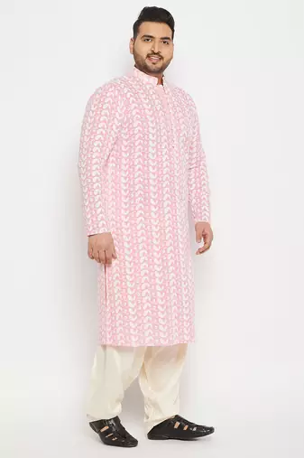 Men's pink and cream pure cotton kurta patiala set