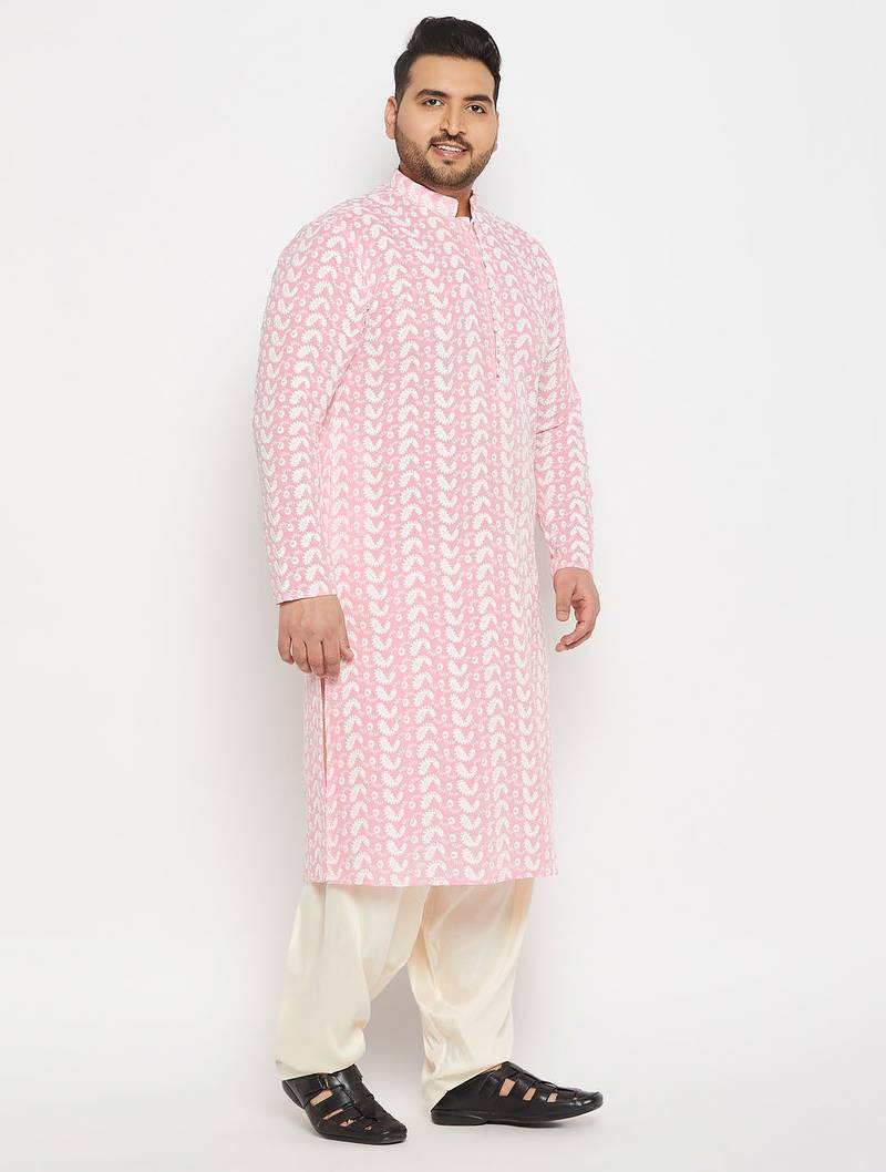 Men's pink and cream pure cotton kurta patiala set