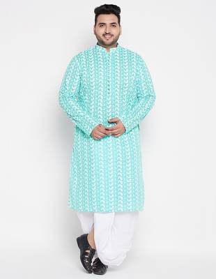 Blue and white pure cotton kurta and dhoti set 1