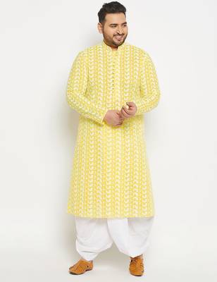 Men's mustard and white pure cotton kurta and dhoti set 1