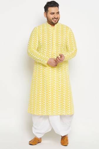 Men's mustard and white pure cotton kurta and dhoti set