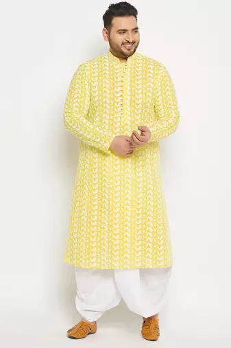 Men's mustard and white pure cotton kurta and dhoti set