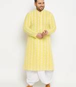 Men's mustard and white pure cotton kurta and dhoti set