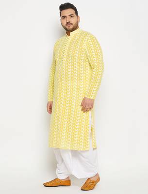 Men's mustard and white pure cotton kurta and dhoti set 2