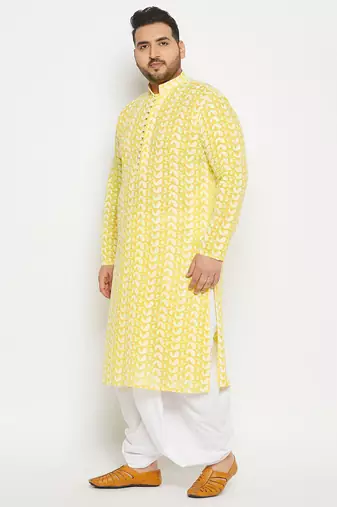 Men's mustard and white pure cotton kurta and dhoti set